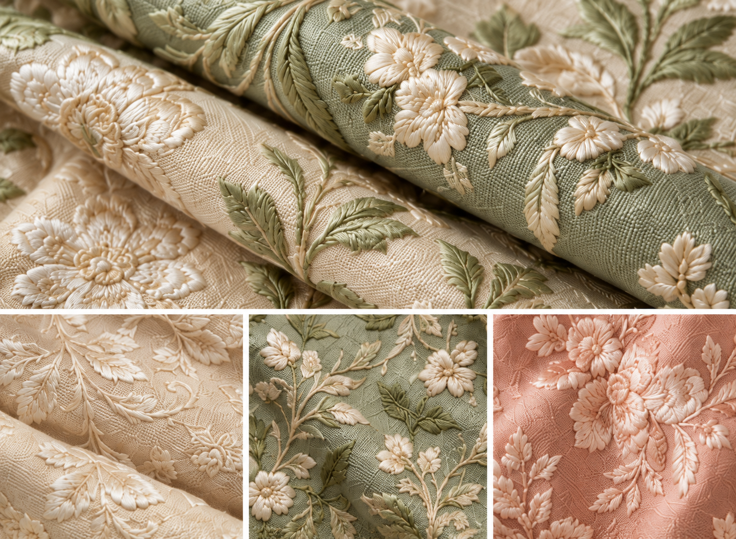 Sage floral embroidery and coordinating ivory, green and blush fabric details