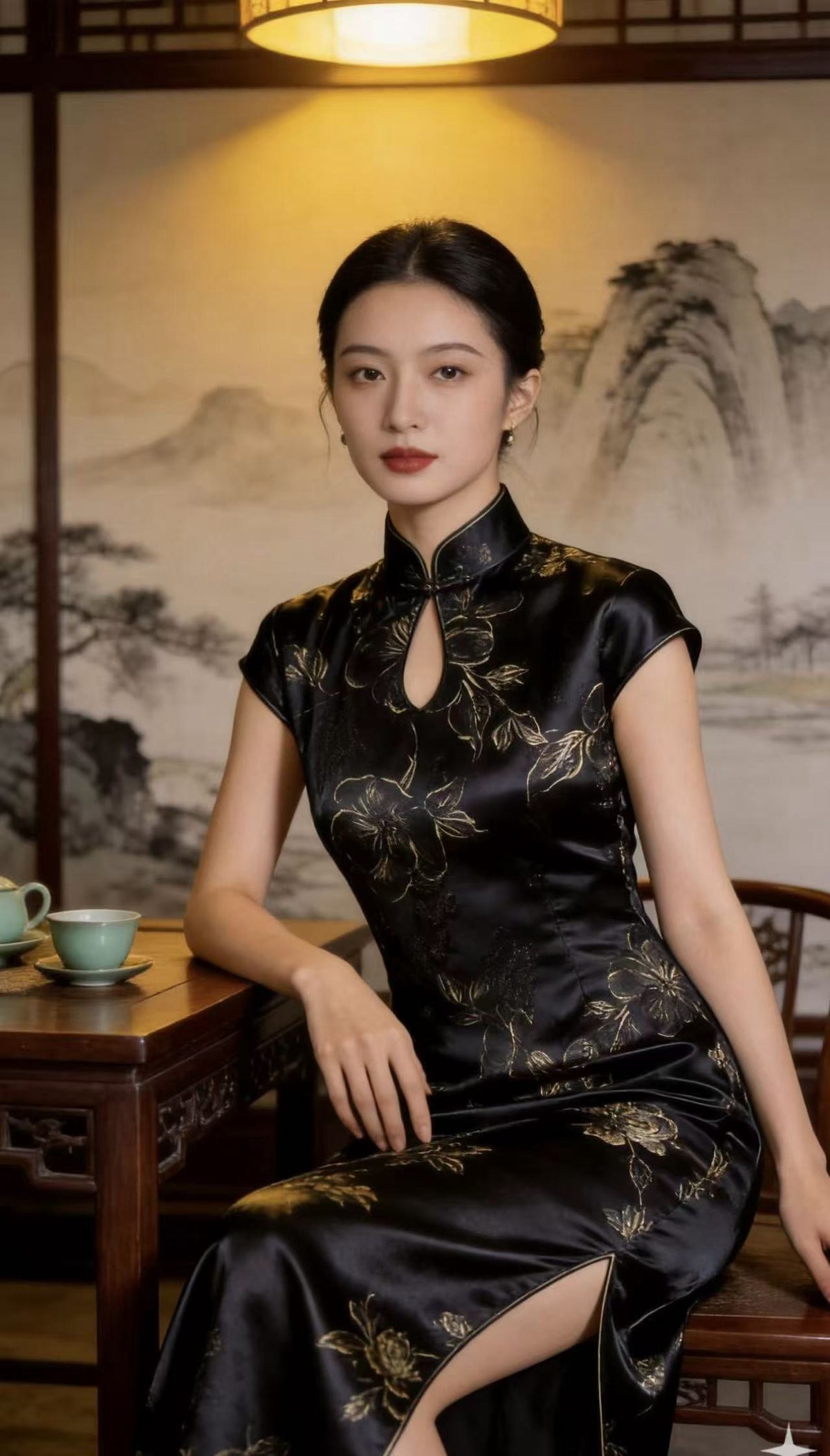 A seated woman wears a full-length black garment with a high collar, decorated with gold floral and leafy motifs; this is a garment view.