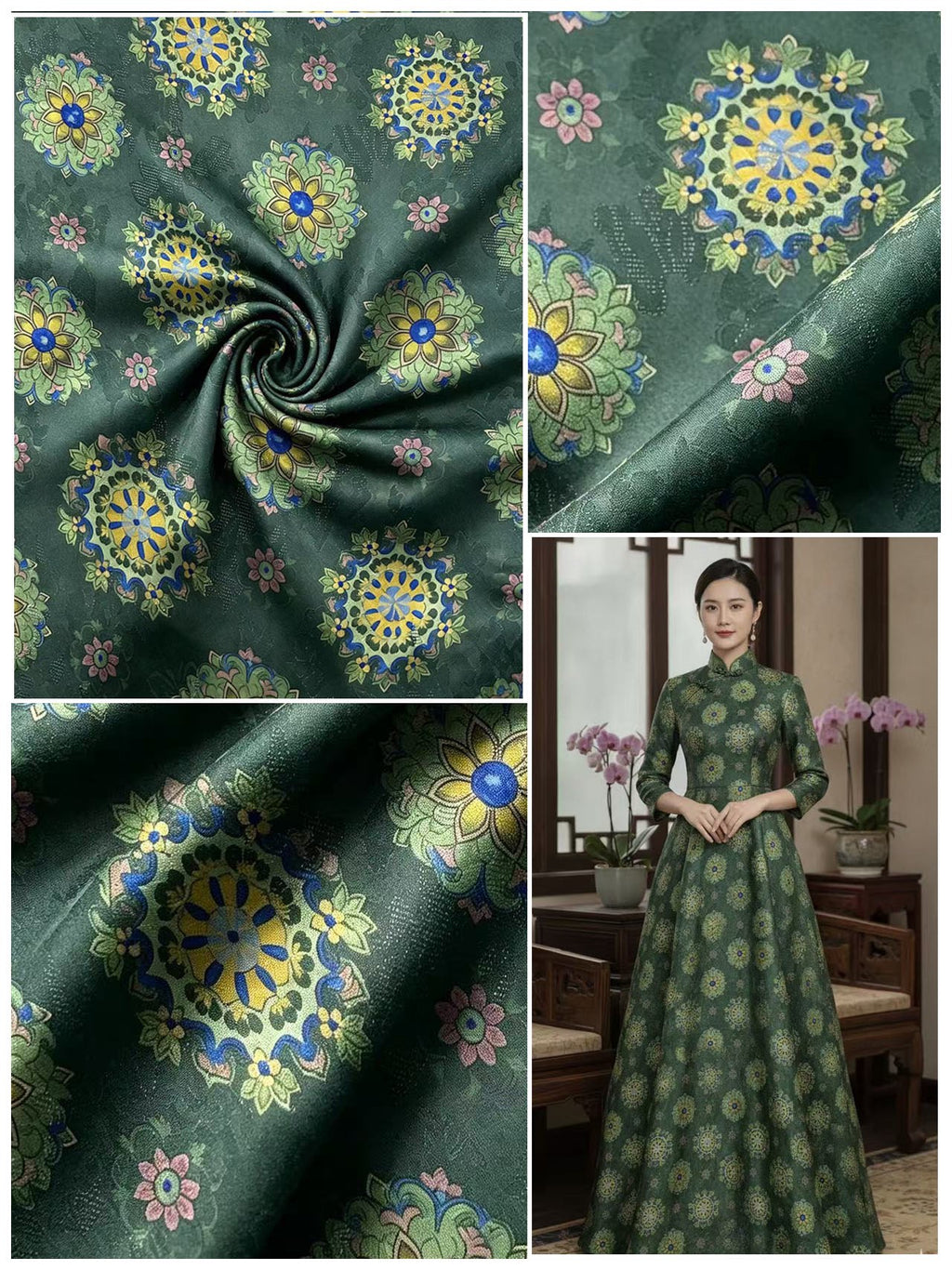 A collage shows dark green fabric printed with scattered blue, yellow, pale green, and pink floral medallions. Close-ups show the pattern on draped cloth; a full-length view shows a long-sleeved, high-neck dress in the same print.