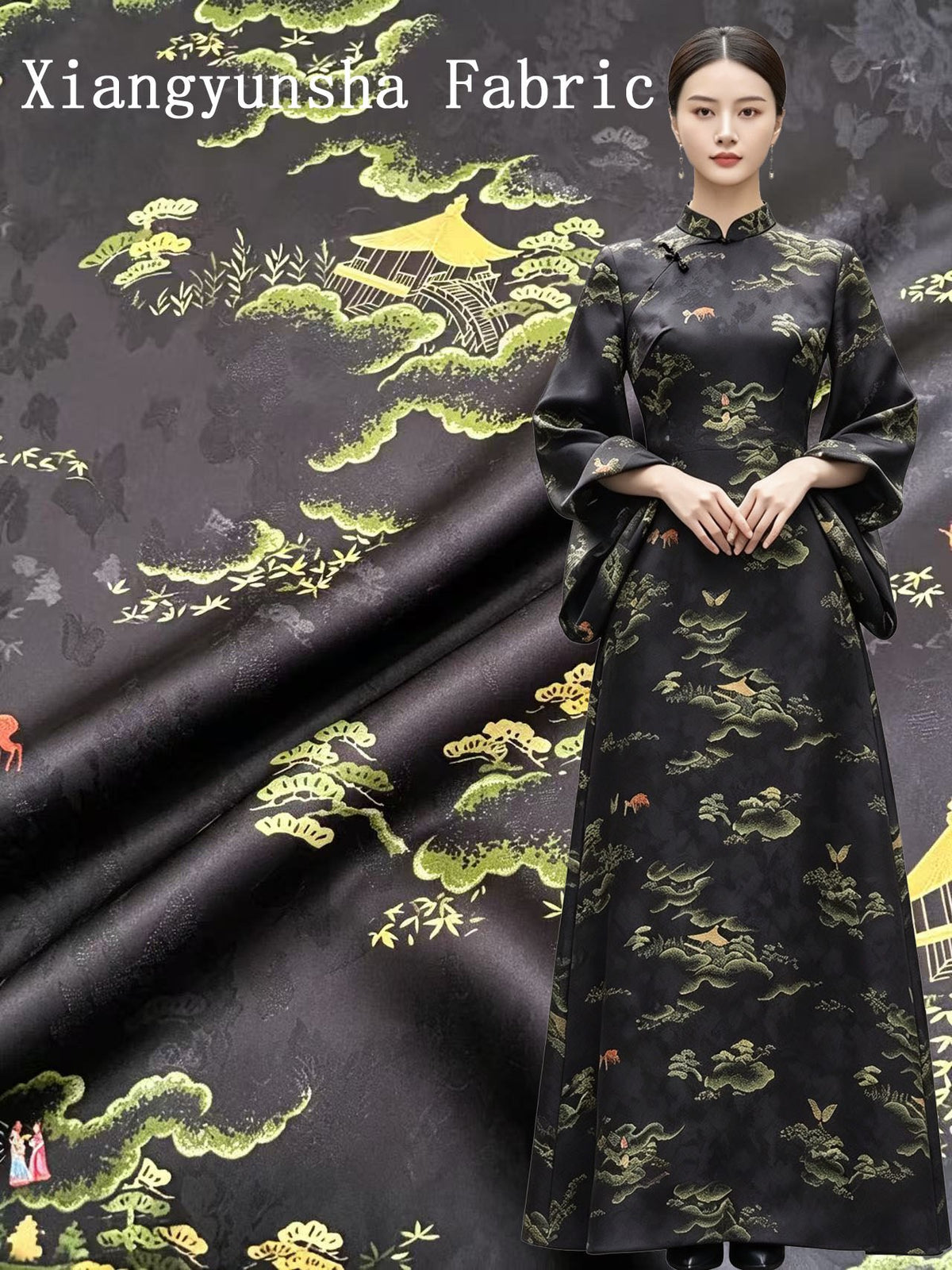 A full-length black garment with scattered gold and muted green landscape motifs is shown beside a close-up of matching fabric, patterned with larger clouds, trees, and pavilion scenes.