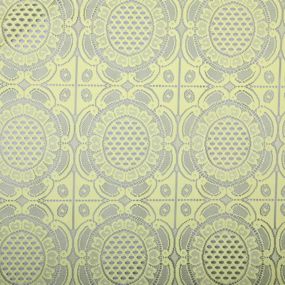 A flat, pale yellow-green lace fabric with repeating large oval motifs filled with rows of openwork, surrounded by smaller floral and geometric patterns in a grid.