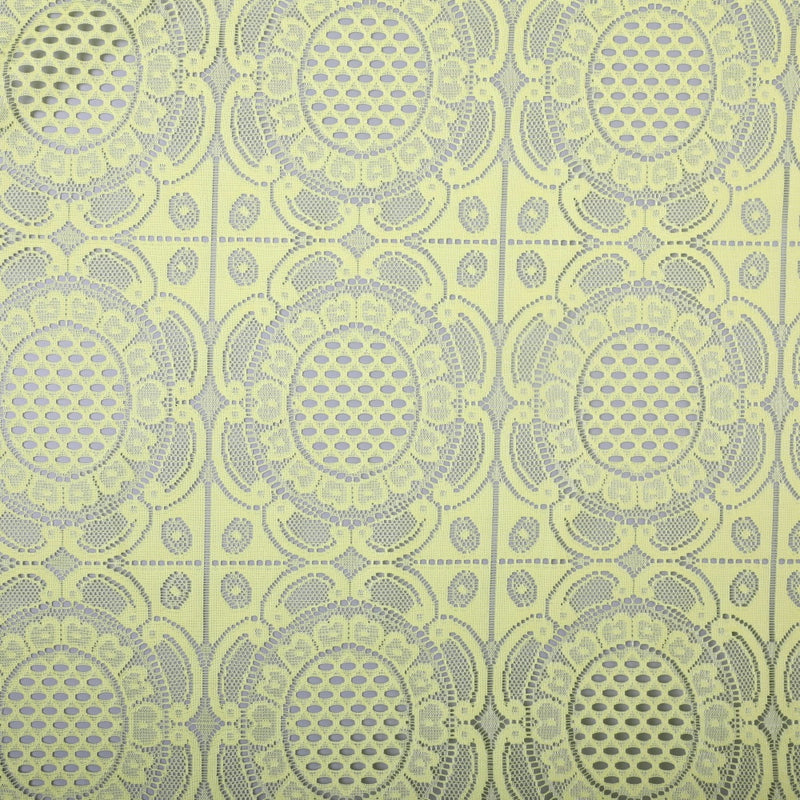 A flat, pale yellow-green lace fabric with repeating large oval motifs filled with rows of openwork, surrounded by smaller floral and geometric patterns in a grid.
