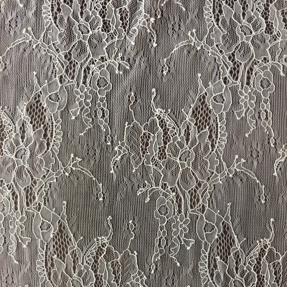 Close-up of ivory floral lace with raised outlined blossoms and leaves over a fine, open mesh ground.