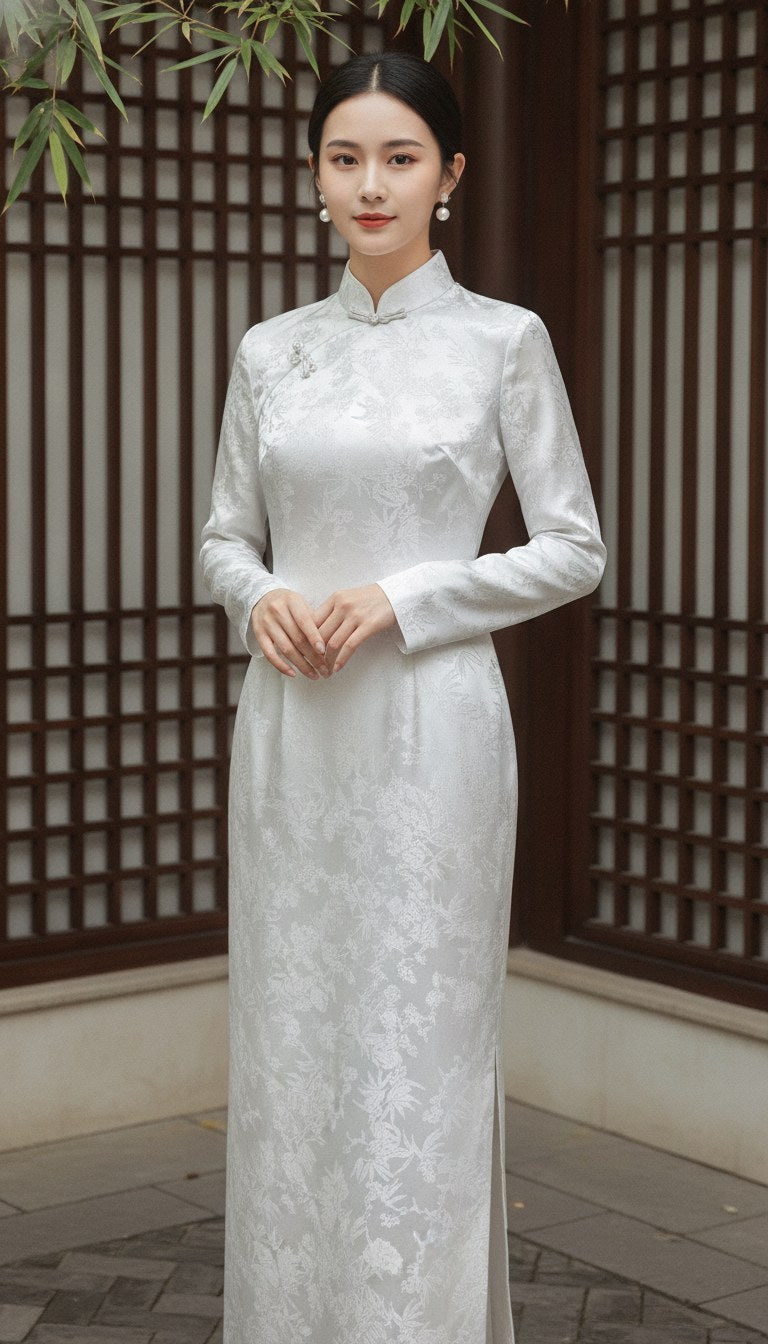 A full-length view of a woman wearing a pale silver-white dress with a subtle floral motif and a high collar.