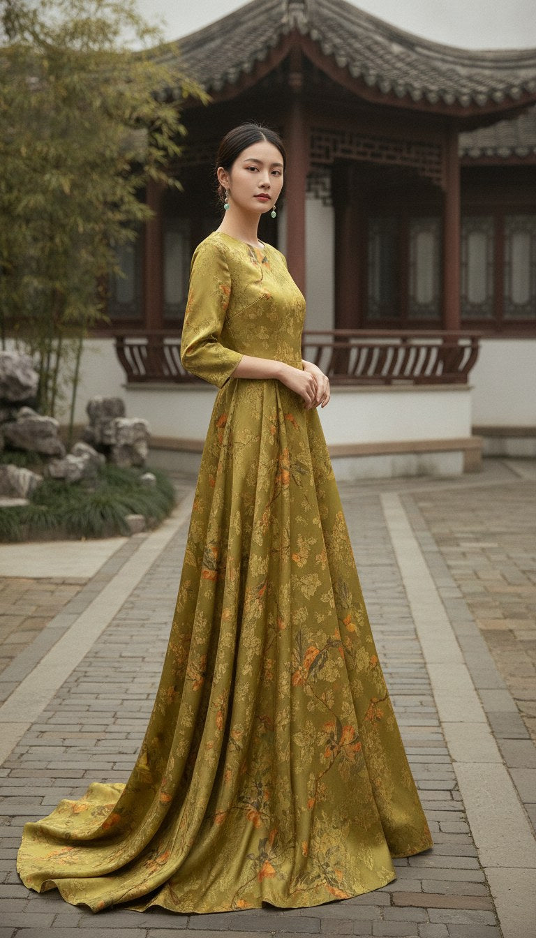 Full-length garment view of a floor-length olive-gold dress with a subtle floral pattern in muted orange and lighter gold, shown on a person.