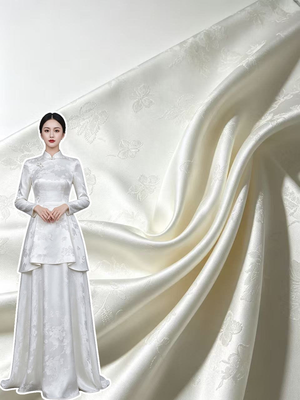A white embroidered fabric with a subtle floral motif is draped in broad, flowing folds; a full-length white garment with matching embroidery is shown at the left.