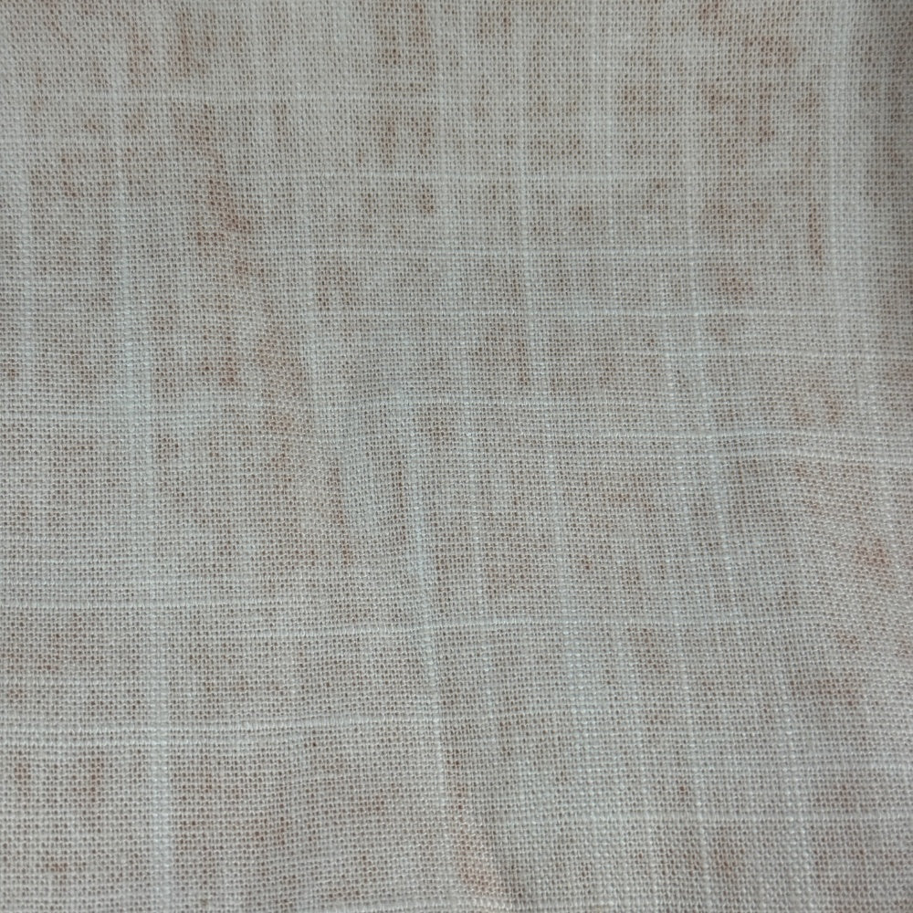 Close view of pale gray-beige fabric with a fine, open woven grid and subtle irregular brown flecks, laid flat.