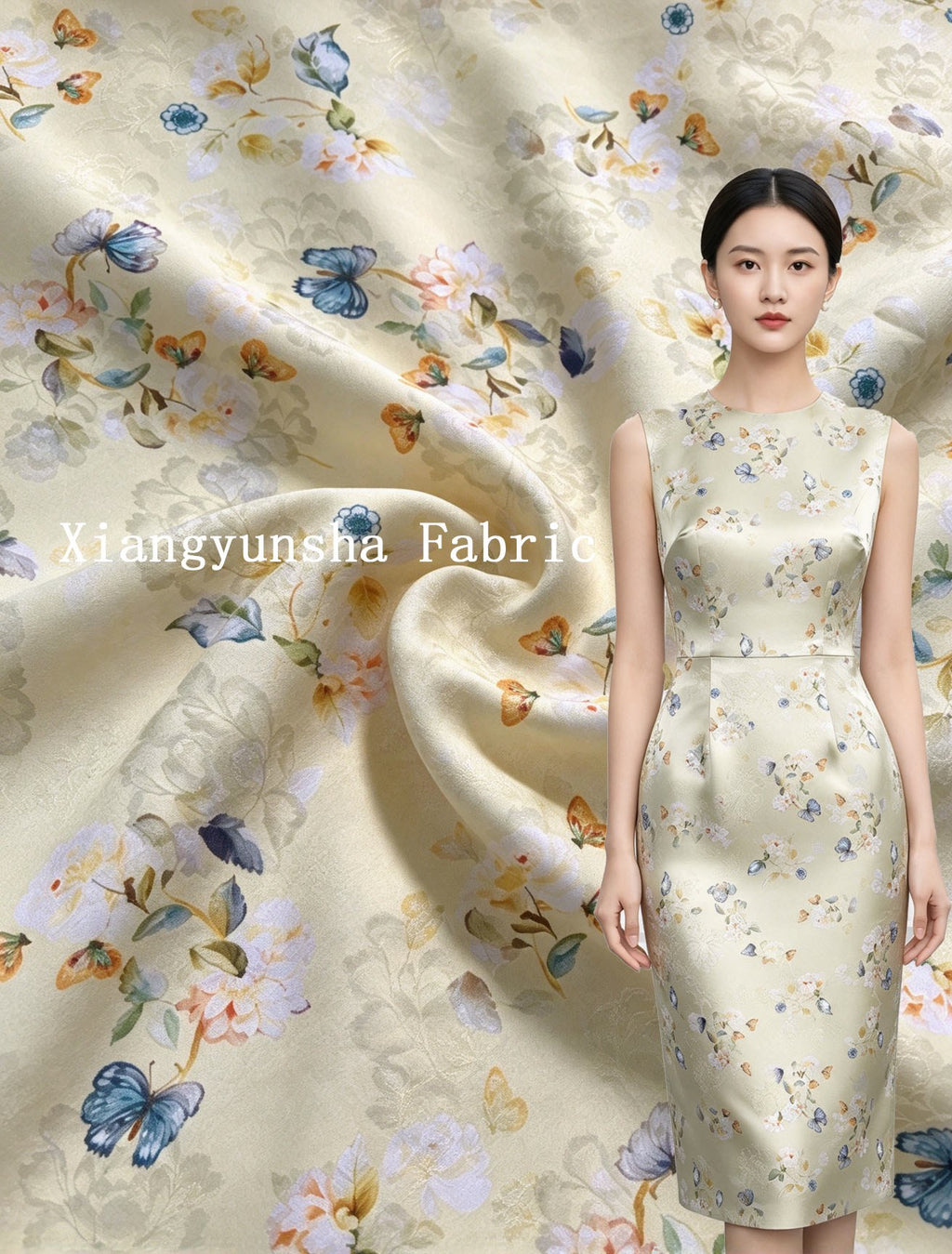 Cream fabric with a repeating floral and butterfly motif in muted blue, lavender, peach, and green, shown as a draped backdrop beside a sleeveless fitted dress in the same print.