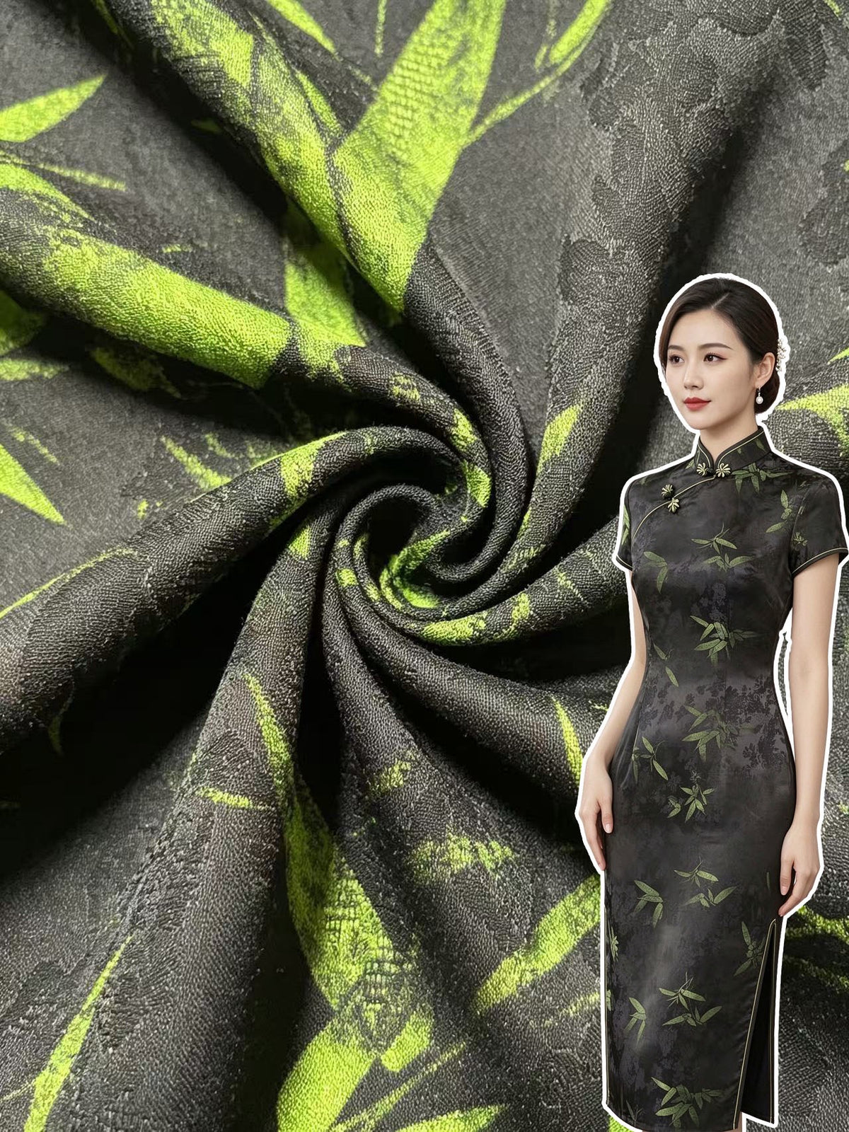 Close-up of charcoal-black fabric gathered into a spiral, patterned with vivid lime-green bamboo leaves and subtle gray floral motifs; a cutout view of a woman wearing a matching long, short-sleeved dress appears at the right.