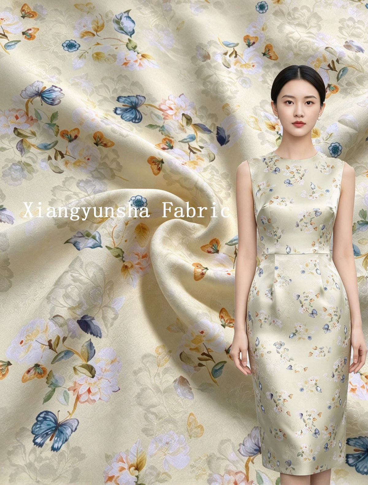 Cream fabric with scattered small flowers, leaves, and butterflies is shown as a close-up draped cloth behind a sleeveless, fitted knee-length dress in the same print.