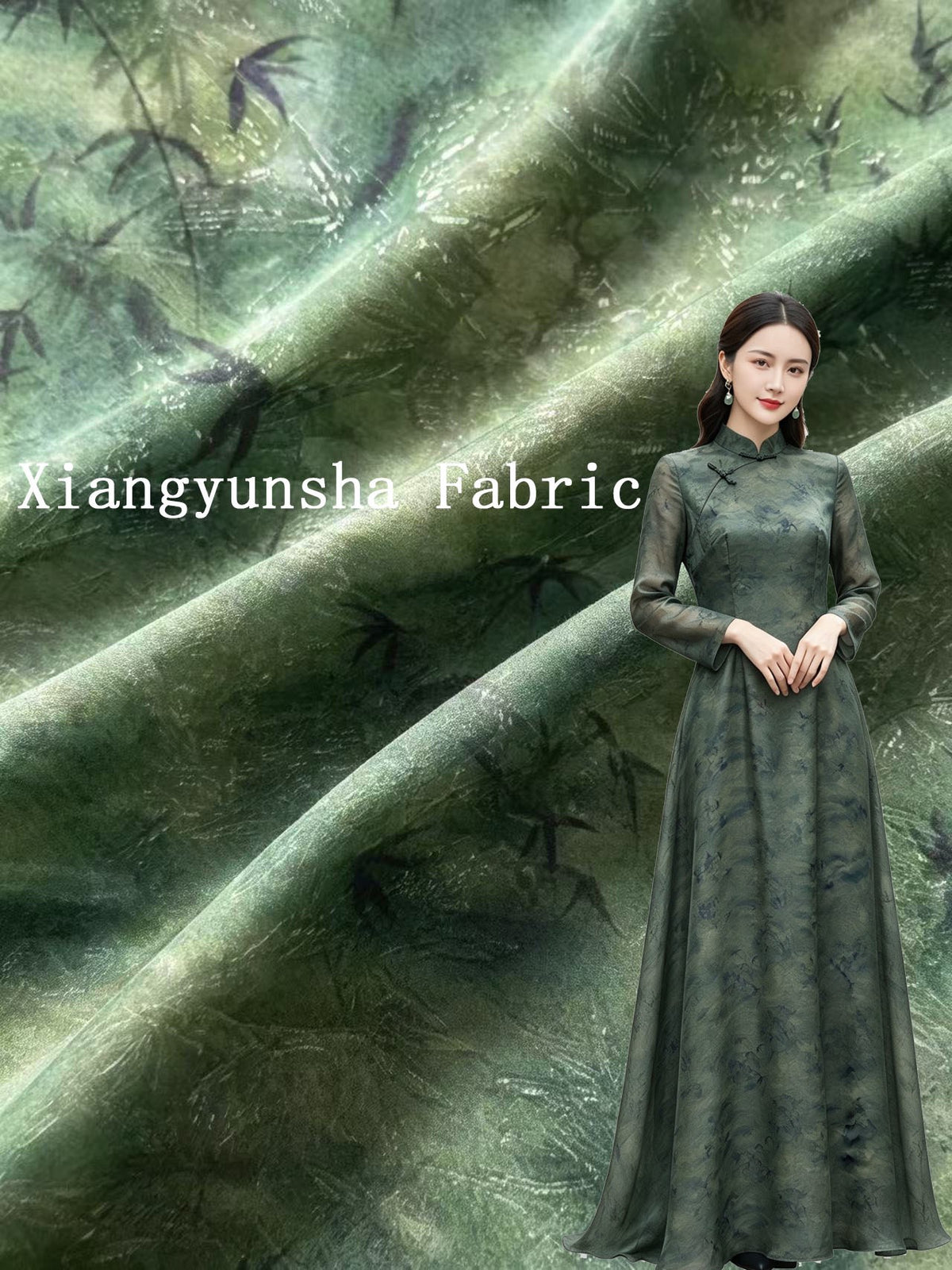 A full-length view of a woman wearing a dark sage-green dress with a subtle mottled, leafy pattern; the background shows enlarged green fabric with the same motif.