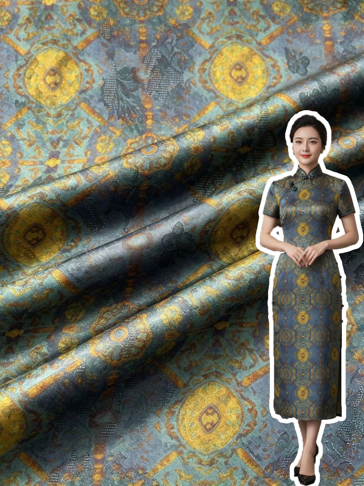 Close-up of blue-gray fabric with ornate gold and rust-colored medallions and floral motifs, shown in overlapping folds; a matching long dress is pictured at the right.