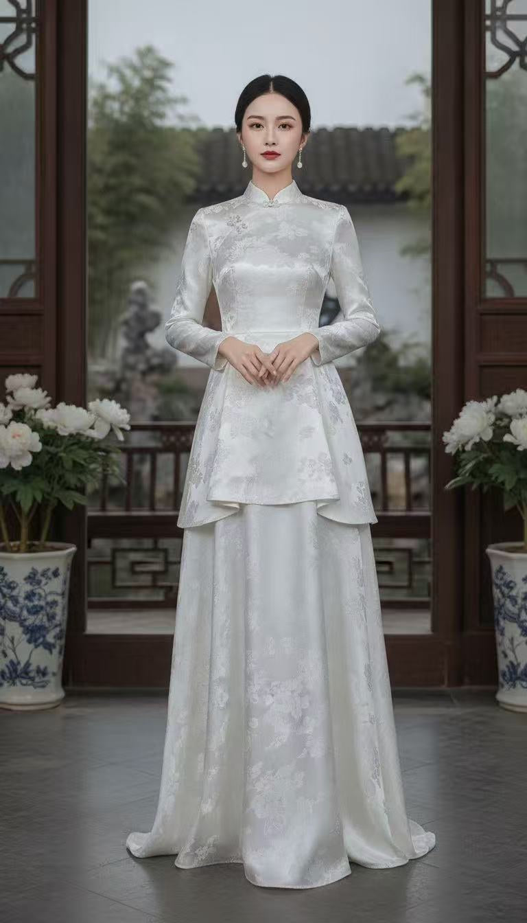 Full-length garment view of a woman wearing a pale silver-white, high-collared dress with subtle floral motifs; the fitted bodice has long sleeves and a flared overskirt over a floor-length skirt.