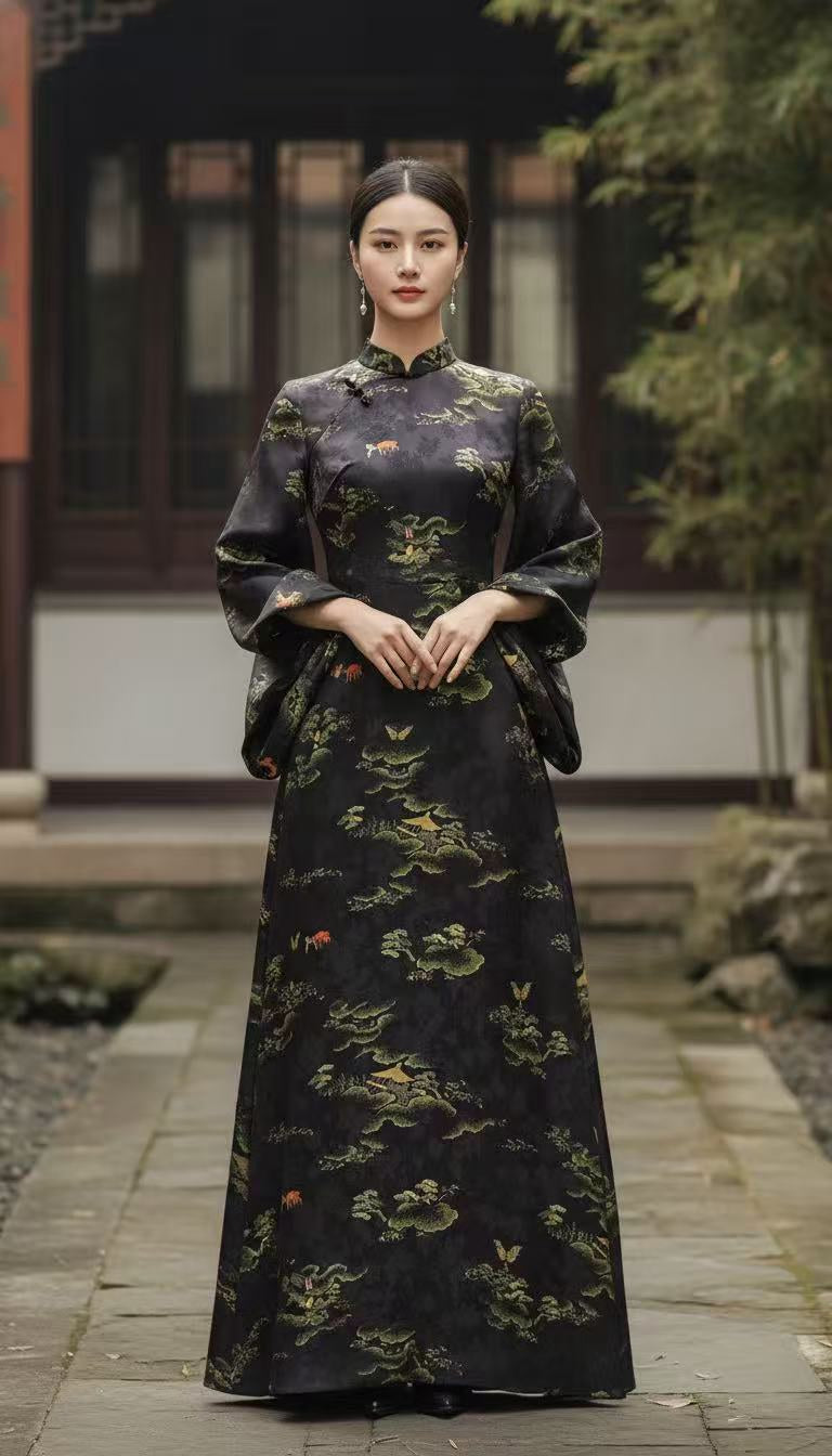Full-length view of a woman wearing a black floor-length garment with scattered green and gold landscape motifs and small orange accents.