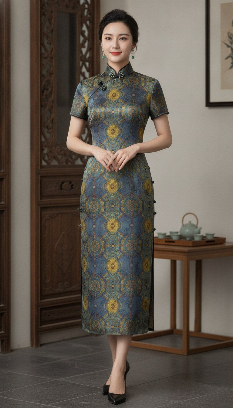 Full-length view of a woman wearing a fitted blue-gray garment with repeating gold and muted teal medallion motifs arranged in vertical bands.