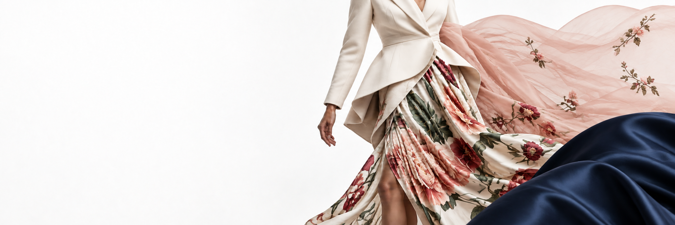 Coral floral-print silk with plain ivory tailoring, midnight-blue satin and lightly embroidered blush organza