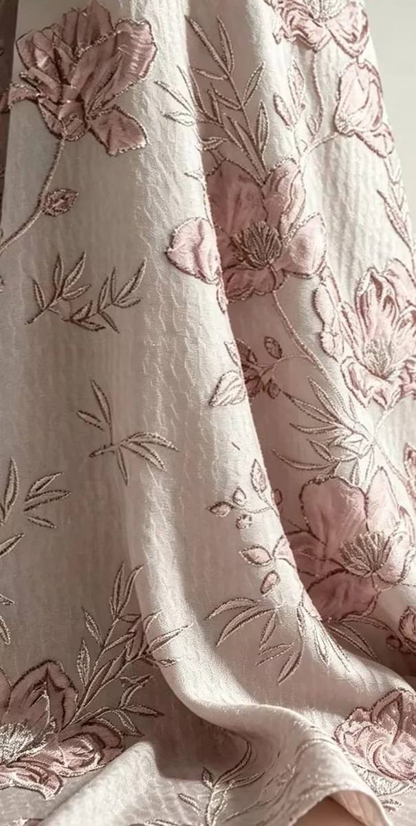 Jacquard bunga ros timbul, dilihat dari dekat
